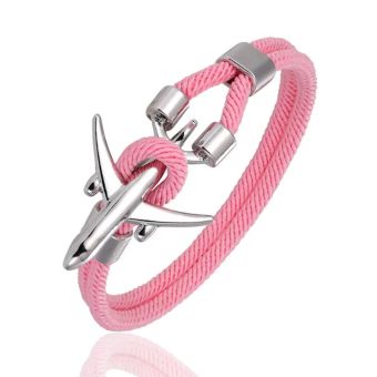 Airplane Anchor Bracelets Charm Rope Chain - Silver - Pink